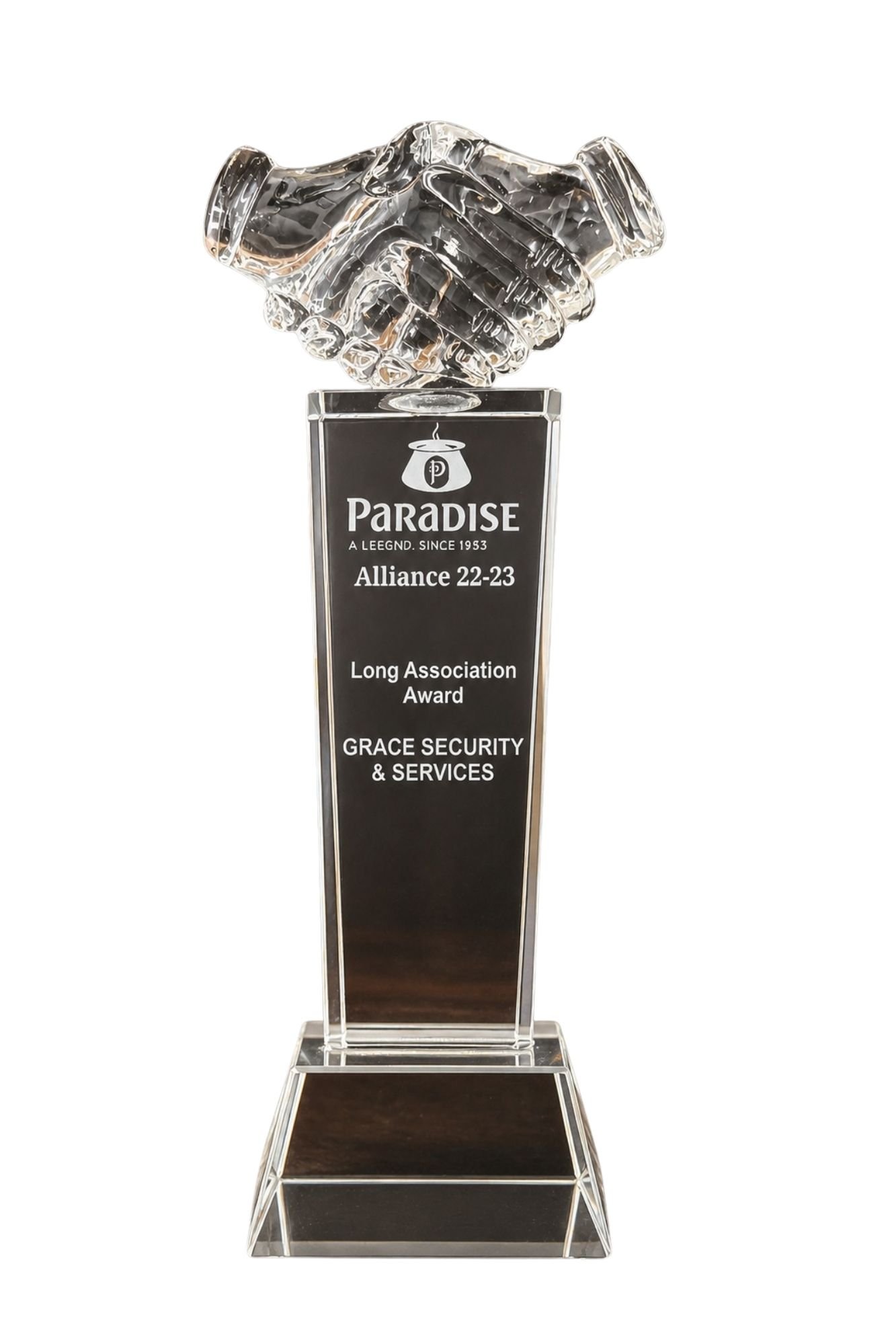Paradise Long Association Award crystal trophy presented to Grace Security Services